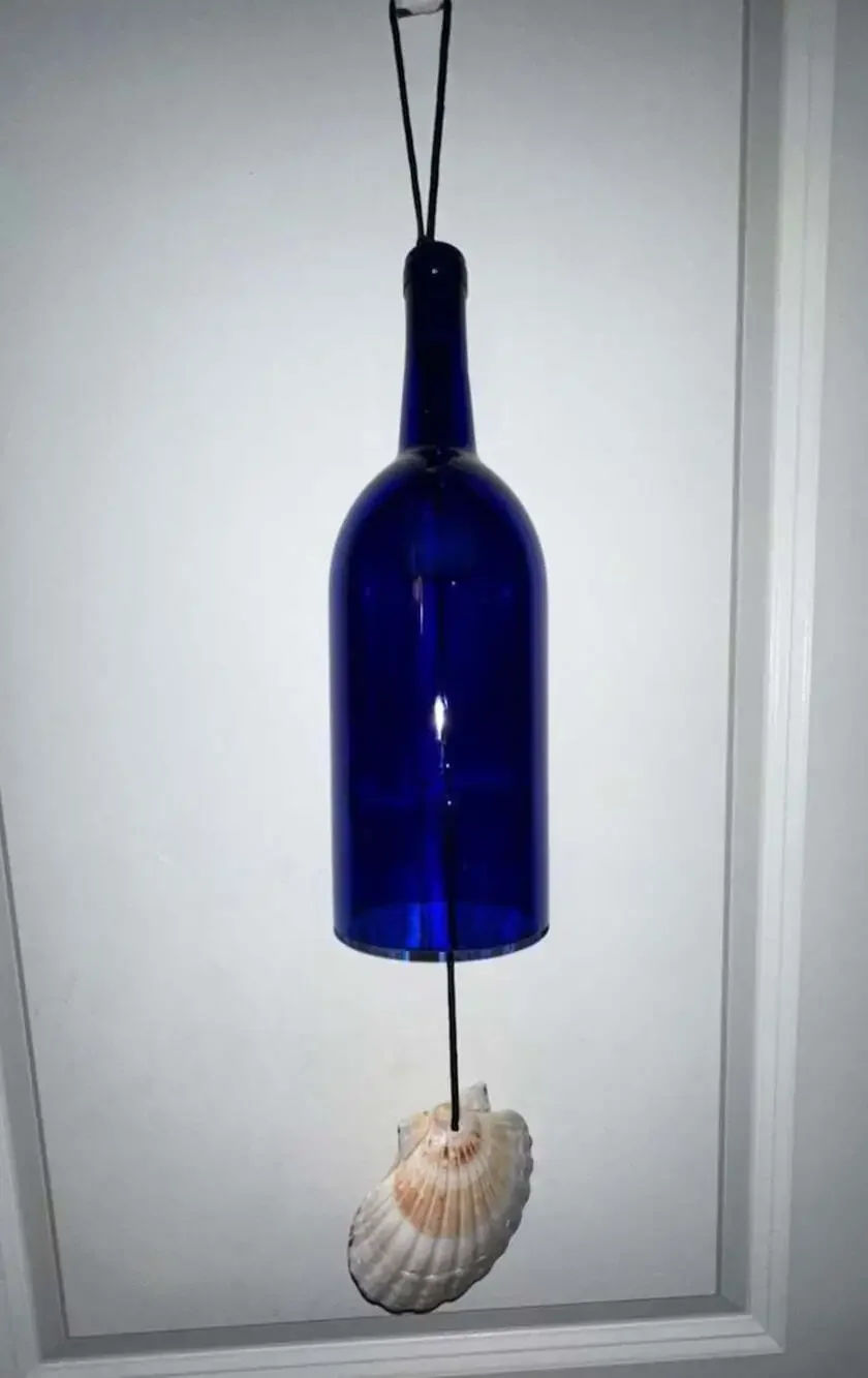 Handcrafted Cobalt Blue Glass Wine Bottle Wind Chime with Seashell Clapper